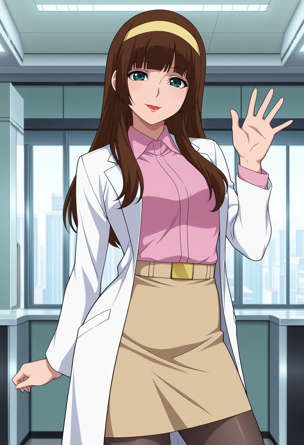 1girl,solo,mm,mature female,long hair,hairband,lipstick,brown hair,green eyes,bangs,anime coloring,
labcoat,pink shirt,pencil skirt,pantyhose,looking at viewer, contrapposto, waving,indoors,smile
,masterpiece,best quality,amazing quality,<lora:Sayaka_Yumi-Mazinger_Z_Movie-Infinity:0.8>