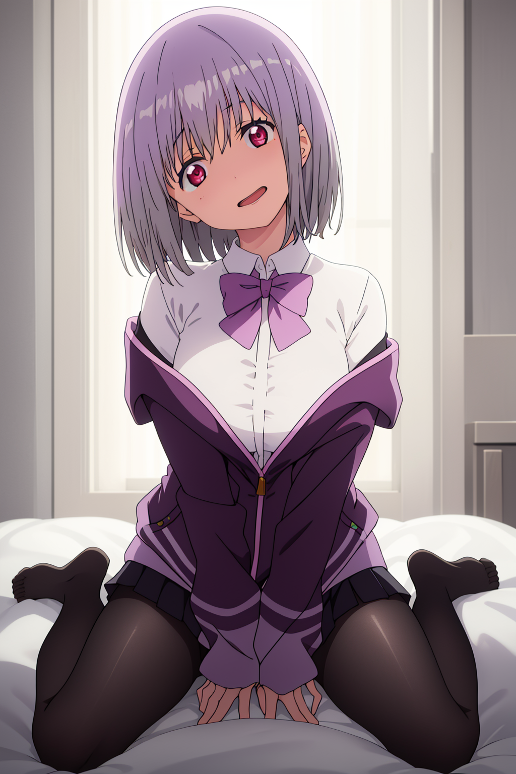 Shinjou Akane,wariza,large breasts, hands between legs, pantyhose,off shoulder, open mouth, (head tilt:1.2),