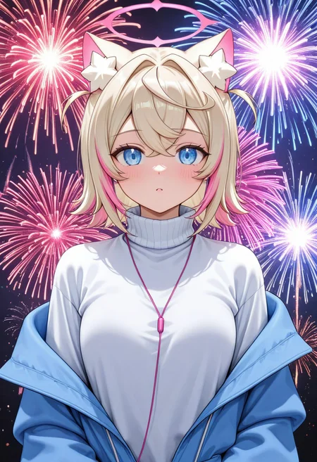 d_up, 1girl, mococo abyssgard, blonde hair, pink hair, blue eyes, earphones, multicolored hair, medium hair, shirt, turtleneck, sweater, long sleeves, turtleneck sweater, jacket, glitch, upper body, abstract background, white shirt, halo, fireworks, looking at the viewer, cute