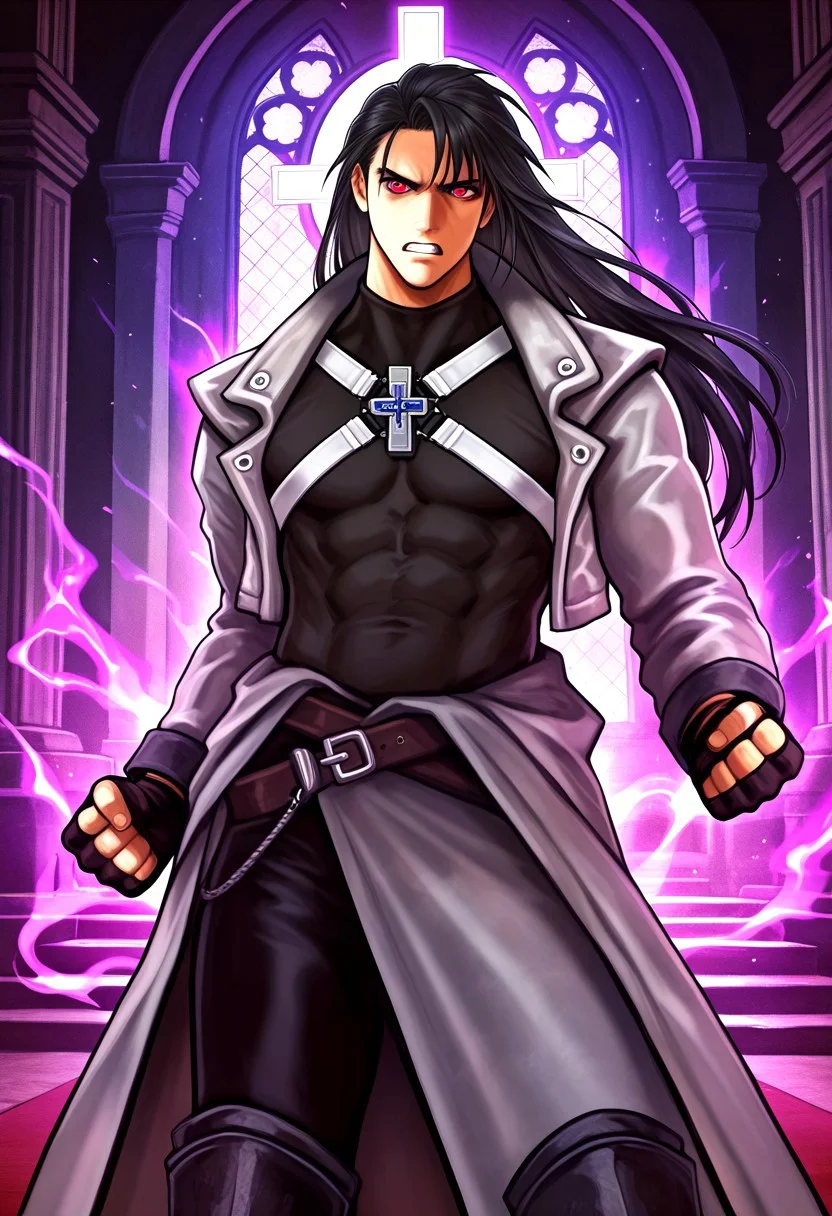 masterpiece, best quality, amazing quality, very aesthetic, absurdres, newest, 1boy, adult, male focus, hugbaldw, cutoff jacket, gray jacket, body harness with holy cross design, (long hair, black hair:1.1), charcoal greaves, gray skirt, black shirt, black pants, black fingerless gloves, standing, glowing red eyes, hand up, fist, clenched teeth, dark throne room, cowboy shot, (view from the side:1.7), purple aura