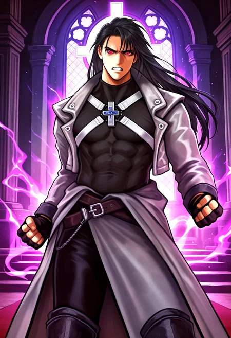 masterpiece, best quality, amazing quality, very aesthetic, absurdres, newest, 1boy, adult, male focus, hugbaldw, cutoff jacket, gray jacket, body harness with holy cross design, (long hair, black hair:1.1), charcoal greaves, gray skirt, black shirt, black pants, black fingerless gloves, standing, glowing red eyes, hand up, fist, clenched teeth, dark throne room, cowboy shot, (view from the side:1.7), purple aura