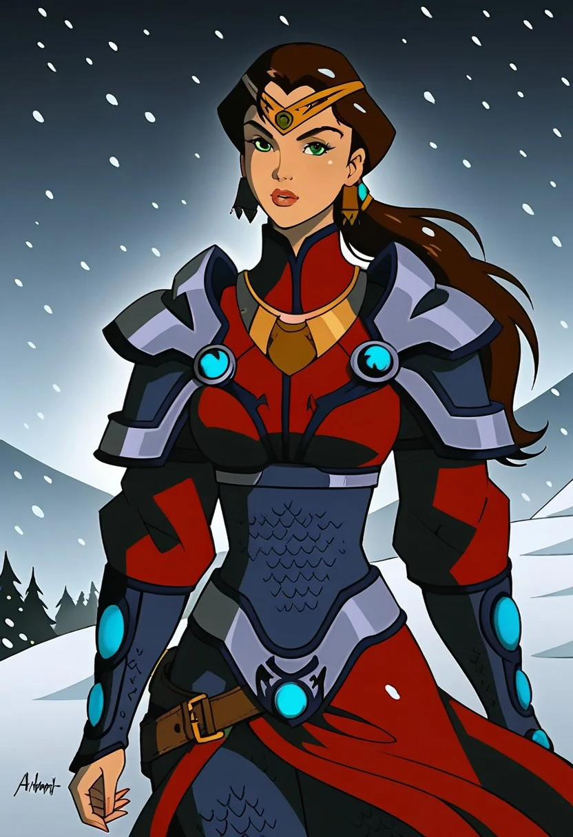 marlena_ba, battle armor, 1girl, Long brown hair, ponytail, green eyes, earrings, outside, snowy night, cloudy sky, sexy standing pose, sexy look, sexy face, ultra-detailed, easynegative, g0thicPXL, glowing, neon,