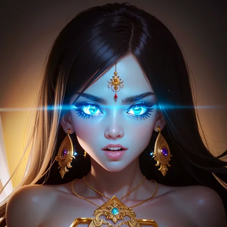 V3rh03v3n:2 gold pale man with teeth and detailed close up face focus photo with a ((glowing strange diamond shaped bindi and gold stud earrings)) and arms and arms and arms and arms, with collar and a chain around her neck and a chain, with a triangle behind her and glowing blue eyes, simple black background with fog and cinematic lighting BigHeadMode:0.87 with large saggy teeth , snarl:1.5 with fangs:1.3 and and transparent liquid splash in the background pffpffpff:2
