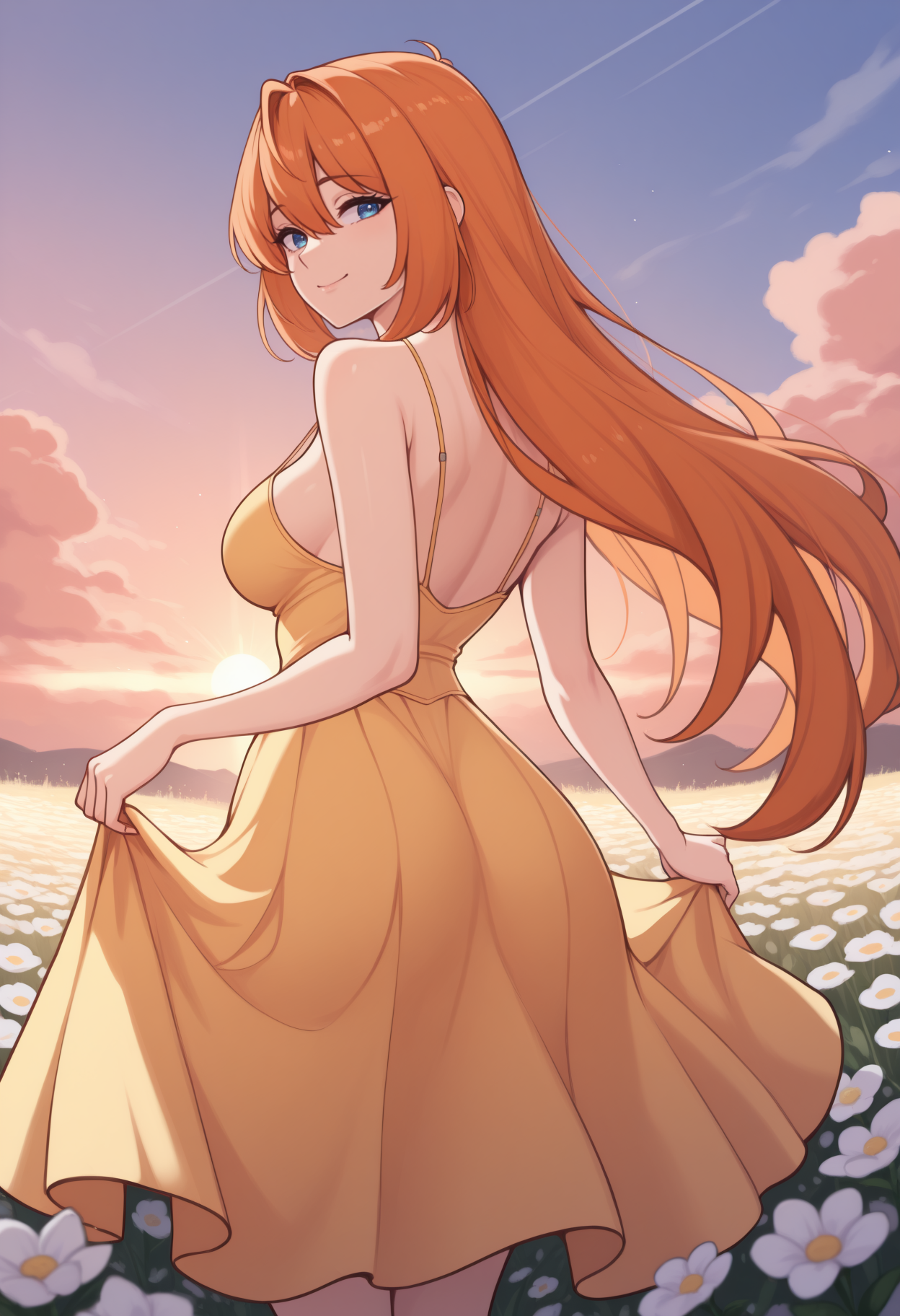 masterpiece, best quality, newest, from behind, solo, 1girl, elh4ym, smile, looking back, skirt hold, long hair, orange hair, hair between eyes, blue eyes, yellow sundress, spaghetti strap, bare shoulders, outdoors, sunset, cloud, flower field, sunlight
<segment:yolo-Anzhc Face seg 640 v2 y8n.pt,0.4,0.5//cid=1>