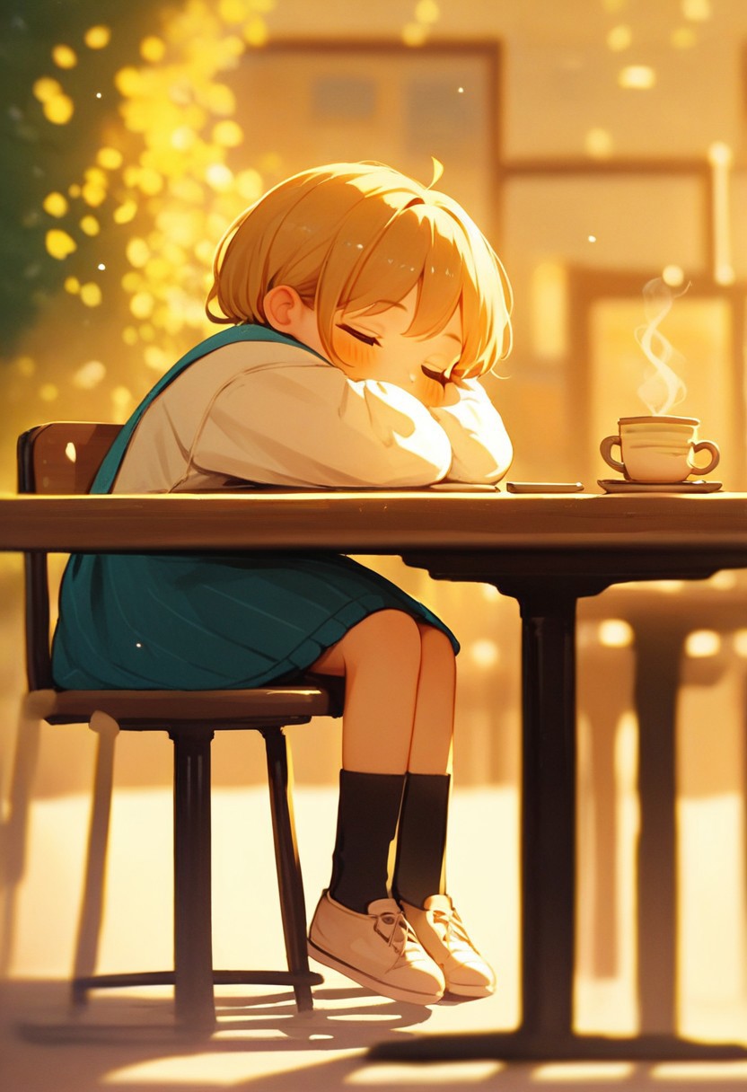score_9, score_8_up, score_7_up, score_6_up, score_5_up, score_4_up, 1girl, (boring expressive:1.5), cute, kawaii, head rest, sitting on stool chair, cafe, depth of field, cute sleeping on table, cute socks, shoes,