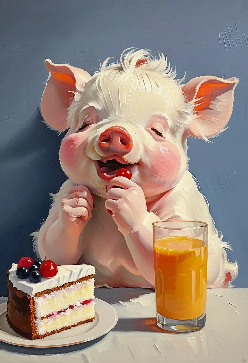aaAR7ip, oil painting, impasto, canvas texture, (anthro pig:1.2), (animal focus:1.5),solo, open white shirt,sitting at the lunch table, open mouth, semi-closed eyes, (a glass of milk, juice, slice of cake, dish, dessert, cutlery, candy, bakery, fruit, food:1.8), foreshortening, moody, (full lips:1.3),bored,moody shadows, (hand on cheek, cheek pinching, bored:1.2),negative_hand