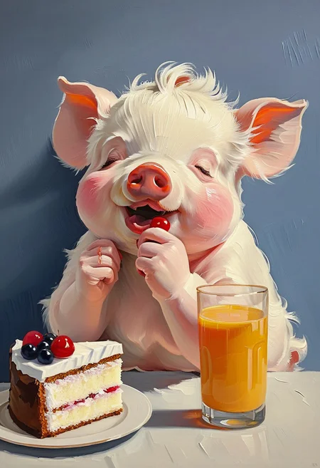 aaAR7ip, oil painting, impasto, canvas texture, (anthro pig:1.2), (animal focus:1.5),solo, open white shirt,sitting at the lunch table, open mouth, semi-closed eyes, (a glass of milk, juice, slice of cake, dish, dessert, cutlery, candy, bakery, fruit, food:1.8), foreshortening, moody, (full lips:1.3),bored,moody shadows, (hand on cheek, cheek pinching, bored:1.2),negative_hand