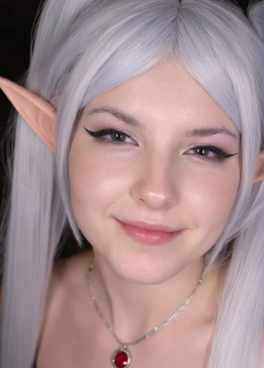 1 girl,21 yo woman, pale skin, Adult,high detailed skin texture, pretty face, looking at viewer, seductive smirk, dark mascara, lipstick, necklace, sexy girl, indoors, party, frat party, dark, dimly lit, ((face focus, face view, closeup)), view from above, high angle, amateur photo, amateur, <lora:Frieren_cosplay:0.8> UZ_frieren_cosplay, frieren, long hair, twintails, elf,