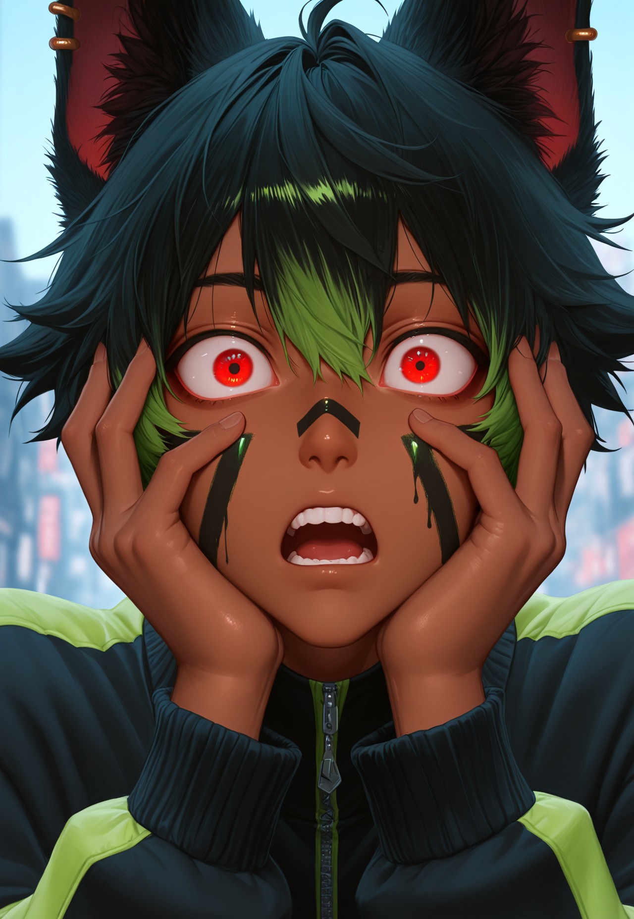 masterpiece, very aesthetic, F4UXM3D14, boy, animal ears, green hair, open mouth, multicolored hair, blurry background, male focus, depth of field, dark skin, black hair, solo, looking at viewer, dark-skinned male, hands on own face, outdoors, short hair, long sleeves, teeth, jacket, red eyes, piercing, red eyes, facepaint, perked ears, overreacting, surprised, wide eyes, meme, painterly, traditional media, gouache, oil paint, painting, faux traditional media