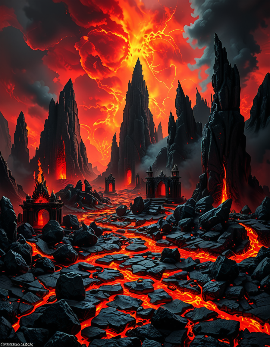A terrifying and surreal depiction of the depths of Hell. The landscape is vast and nightmarish, filled with jagged obsidian cliffs, rivers of molten lava, and towering spires of blackened rock. The sky is a swirling vortex of crimson and black, illuminated by eerie, flickering flames. Chains dangle from massive, decaying arches, and tormented souls writhe in agony, their ghostly figures stretching toward the burning sky. Demonic creatures with twisted horns and glowing eyes lurk in the shadows, watching hungrily. The ground is cracked and scorched, exhaling thick plumes of sulfuric smoke. In the distance, a colossal, menacing throne made of skulls and bones looms over the infernal landscape, occupied by a shadowy, horned figure. The atmosphere is thick with despair, enhanced by a dramatic, chiaroscuro lighting effect that contrasts the deep shadows with the hellish glow of the flames. Hyper-realistic, highly detailed, dark fantasy style.
<lora:SDXLFaeTastic2400:0.4> <lora:extremely_detailed:0.4> extremely detailed,<lora:depths_of_h3ll:1>,depths of h3ll, Masterpiece,best quality,hi res,8k,hi res,8k,award winning,(sharp focus, intricate, highly detailed),