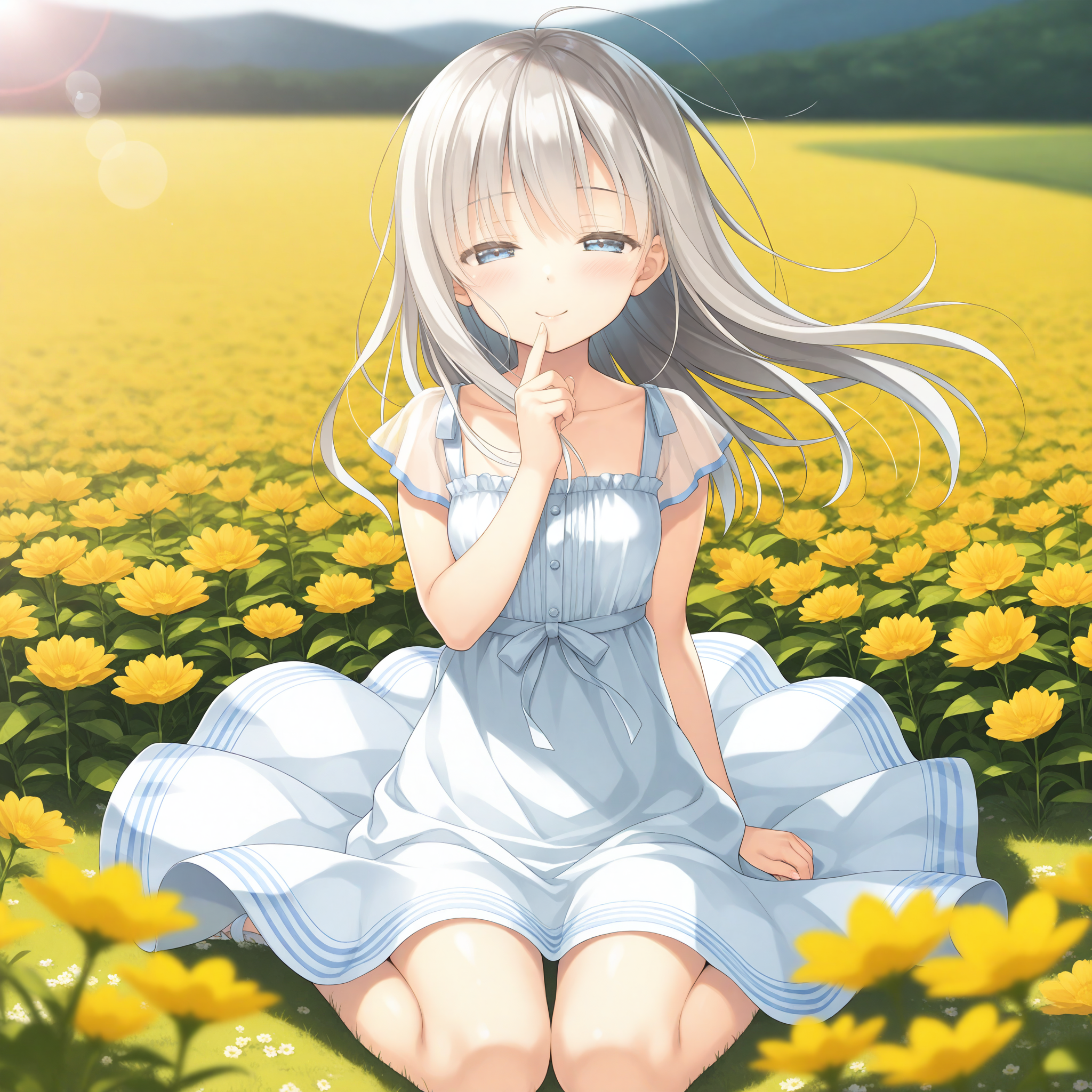 <lora:Marmalade_art_n32c16_nai_Loha-000097:1.5>,Marmalade art,
BREAK
1girl,solo,smile,half-closed eyes,looking at viewer,wind,floating hair,long hair,arm at side,finger to mouth,wariza,flower field,depth of field,lens_flare,