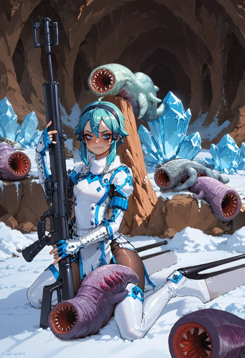 score_9, score_8_up, score_7_up, source_anime, rating_explicit, 1girl, solo, long eyelashes, (heavy makeup), medium breasts, shiny skin, <lora:Femininebody2:0.7>, perfthig, thick thighs, wide hips, curvy, thin arms, narrow shoulders, petite, smug face, <lora:Barioth X Gunner Armor ponyXL v1.2:0.8>, barioth x gunner armor, bodystocking, pantyhose, white headband, white thigh boots, white fingerless gauntlets, white pelvic curtain, garter straps, (latex:1.2), <lora:Alternative_Shoes_Pony_V2:0.5>, (extremely tall platform stiletto heels:1.4), holding gun, huge black sniper riffle, <lora:EPsoaSinonPony:0.8>, EPsoaSinon, sinon, <lora:giggi:1>, (giggi, monster:1.2), pale white big maggot monster, close up, indoors, cave, snow, dark and gloomy, blurred background