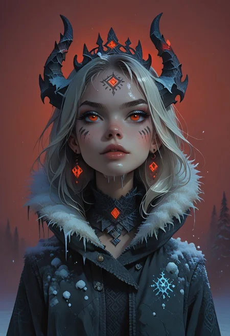 score_9, score_8_up, score_7_up, score_6_up, score_5_up, score_4_up, <lora:r3dgl0wXLP:0.7> r3dgl0w, red eyes, red background, 1girl, dark, horns
,FFAnime Style, fr0stwrld, snow, ice
