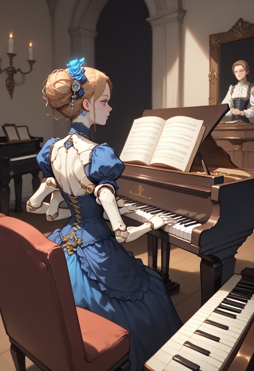 score_9, score_8_up, score_7_up,  score_6_up, dynamic angle, (from above, from behind, back focus), over shoulder, (doll, multiple arms, grand piano, sitting, playing piano, hands on piano keyboard:1.2), great lighting, ddpapa, cold colors, porcelaine skin, glowing skin, victorian dress,
BREAK,
shadows, exquisite fireplace, blue flame, cold light, golden ornaments, dark theme, deserted gothic mansion,
