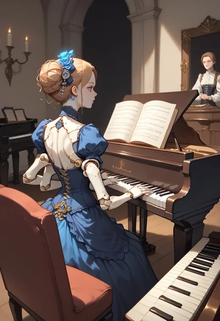 score_9, score_8_up, score_7_up,  score_6_up, dynamic angle, (from above, from behind, back focus), over shoulder, (doll, multiple arms, grand piano, sitting, playing piano, hands on piano keyboard:1.2), great lighting, ddpapa, cold colors, porcelaine skin, glowing skin, victorian dress,
BREAK,
shadows, exquisite fireplace, blue flame, cold light, golden ornaments, dark theme, deserted gothic mansion,