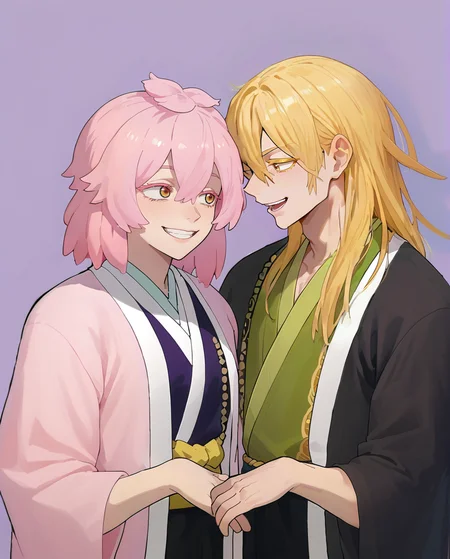 score_9, score_8_up, score_7_up, absurdres, simple background, purple background
1girl,1boy, male focus, yellow eyes, yellow hair, long hair, hair between eyes, colored eyelashes, yellow eyelash, looking at another ,BREAK (black haori), haori, kimono
Hagoromo,kimono,pink hair, smile, happy, grin, tao faå°çæ¥½
<lora:Tao_Fa:.8> ,  <lora:Haori:1>,  <lora:Spaghettify:0.85>,  <lora:add-detail-xl:1>,  <lora:zPDXL3:1>,   <lora:Chinoiserie_Illu_Style:0.35>,  <lora:Smooth Style 2 SDXL_LoRA_Pony Diffusion V6 XL:0.25>