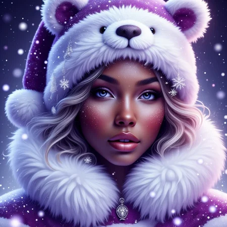 Contrail, mosaic, Fantasy realism, Storybook Illustration, double exposure, delicate detailed inspired by [Artgerm, Brian M  Viveros, Esao Andrews], violet | white stripes, sharp focus, triadic colors, gorgeous african american girl, peachy lips, snow suit, violet teddybear santa hat, small snowflakes , dynamic pose, luminism, magic light rings, bioluminescence, 32k