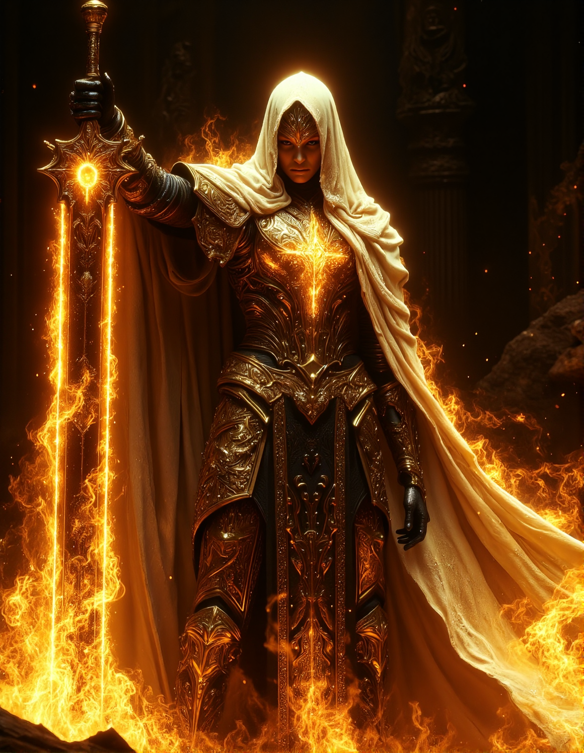 A majestic figure, clad in glowing, golden armor and a flowing, white hooded cape, stands amidst a fiery pit.  The figure exudes power and serenity.  Posing with a large, golden sword held before them, their expression is stoic, yet regal.  The armor, detailed with intricate, dark patterns, highlights the figure's strong, formidable presence. The cape, a soft, ethereal white, drapes and flows beautifully around the figure, creating a sense of grace and divine authority.  Warm golden light radiates from the sword, illuminating the figure and casting a warm glow over the fiery ground. The background is dark, allowing the golden hues and the intense, fiery orange-yellow flames to dominate the foreground.  The flames are depicted with fine detail, displaying different gradations of yellow and orange, emphasizing the heat and energy of the scene. The perspective is from a respectful distance, emphasizing the figureâs imposing stature.  High fantasy art style.  Epic, dramatic, and majestic atmosphere.  The scene evokes a powerful sense of mythology, lore, and ancient histories, HKMagic, <lora:FantasyWizardWitchesFluxV2-000001:1>, <lora:flux.1_lora_flyway_Epic-detail_v2:0.5>, <lora:Dever_Flux_Enhancer:0.5>