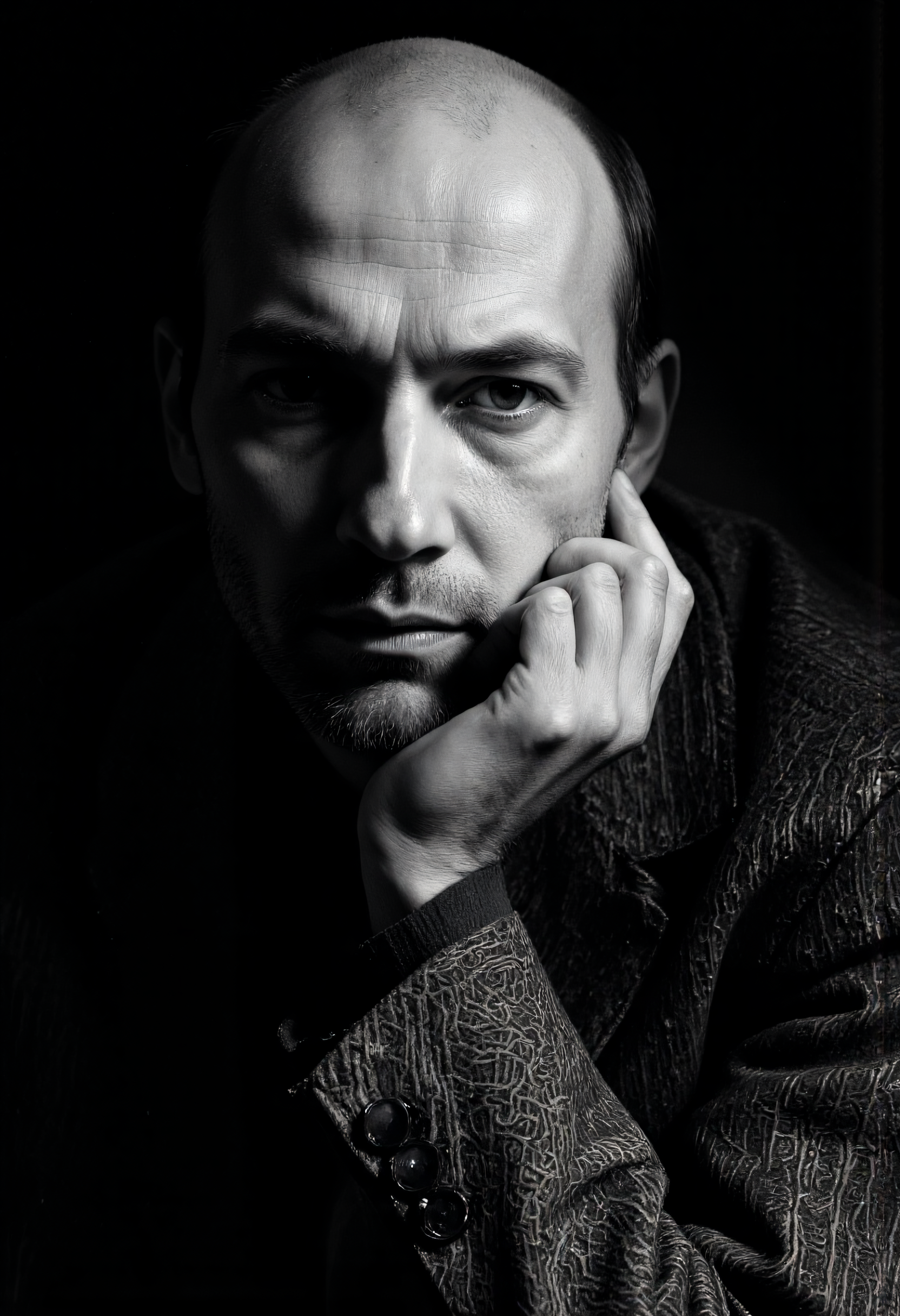 A dramatic portrait photo of a bald man with a contemplative expression, resting his chin on his hand, wearing a textured woven jacket, captured in black and white with deep shadows and soft highlights, in the style of yousuf-karsh, ultra-detailed, high contrast, cinematic lighting, evocative and timeless, studio portrait, realistic skin texture, intricate fabric details, 8k resolution.