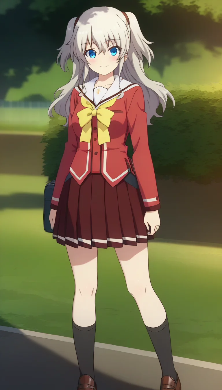 score_9,score_8_up,masterpiece,best quality,correct anatomy,anime_source,1girl,solo,perfect eyes,perfect arms,perfect legs,perfect face,outdoors,upper body,(portrait:1.5),looking at viewer,facing viewer,smile,blush,Tomori Nao,long hair,grey hair,two side up,sidelocks,hair between eyes,bangs,blue eyes,collarbone,school uniform,white sailor collar,red shirt,yellow bowtie,yellow ribbon,long sleeves,medium breasts,miniskirt,red skirt,pleated skirt,black socks,loafers,brown footwear,<lora:Tomori Nao(cl)-Pony:1.8>,