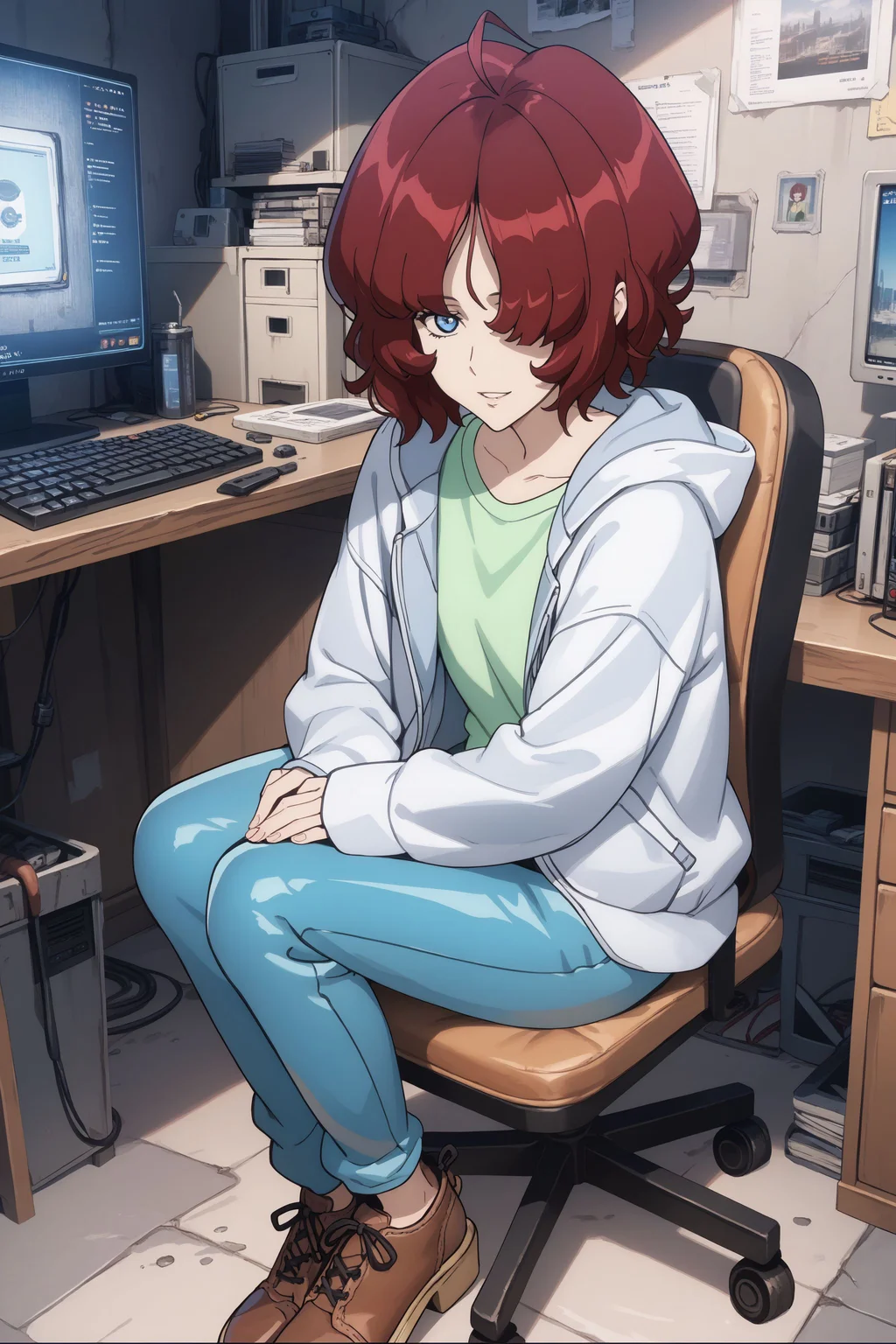 score_max, (score_9, score_8_up, score_7_up:1.2), score_6_up, official art, source_anime, anime screencap,
, masterpiece, absurdres, high detail, 8k,
indoors, concrete room, table, pc, monitor, keyboard \(computer\), folding chair,
sitting, elbow rest, light smile, parted lips,, looking at viewer,
ami, hair over one eye, gray jacket, open jacket, hooded jacket. sleeves past wrists, green shirt, blue pants, brown shoes
<lora:XL_Pony_anime-lupin5-ami-t2:1.3>
