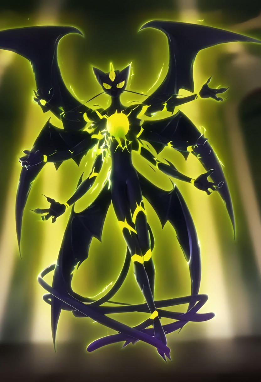 BREAK score_9, score_8_up, score_7_up, source_anime, plagg_destruction, anthro, solo, blue sky, (city ​​in the background), humanoid cat, 6 arms, four claws, 6 bat wings, long legs, pointed feet, three eyes, long whiskers, two tails, hole in the chest, parts of its body floating, neon green interior of the body,