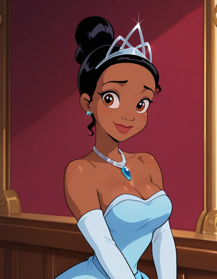 masterpiece, best quality, amazing quality, very aesthetic, absurdres, newest, detailed background, 4k, 8k, indoors, official style, 90s artstyle,
tianaxd, 1girl, solo, dress, dark skin, dark-skinned female, gloves, tiara, jewelry, elbow gloves, necklace, smile, earrings, black hair, bare shoulders, very dark skin, hair bun, strapless, brown eyes, gown, blue dress, single hair bun, crown, breasts, white gloves, princess, blue dress, large breasts,
<lora:Tiana_-_Disney_Illustrious:1>