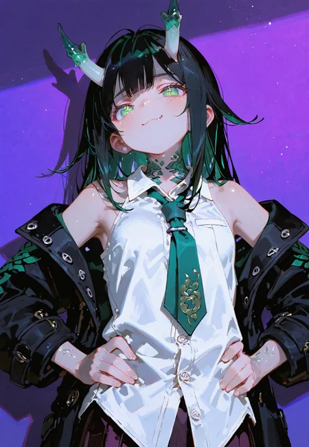 looking at viewer,above torso shot, hands on hips,smug,chin up

1 girl,petite,loose unruly messy hair,messy bangs,black hair,green accents hair,fair skin,dragon horns,green eyes, sparkling eyes,freckles

Large Black coat with green accent,coat hanging sleeves,white sleeveless buttoned shirt,green tie, exposed shoulder

Color background, bright purple background,shadow, light from front,glimmer, scales design, sparkling

Cunnystyle,748cmstyle,Smooth_Quality,dynamic pose, foreshortening, extreme perspective,masterpiece,best quality,amazing quality, aesthetic,bright colors,bold lines