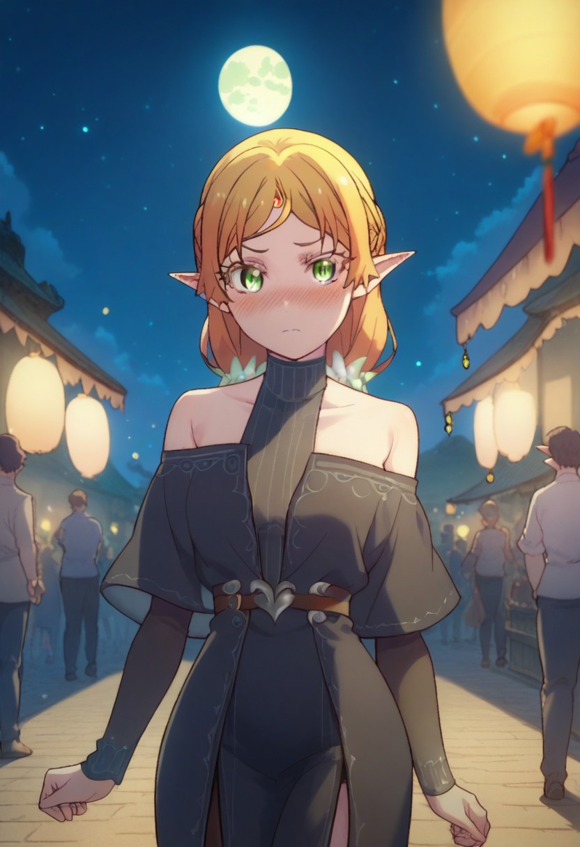score_9, score_8_up, score_7_up, professional anime,HD,1girl,solo, (elf from isekai ojisan), perfect body,short female,petite body,wide hips,cute girl,elf, ccc,dress,bare shoulder,night,moon,festival,crowd,blushing,looking at the viewer,pov