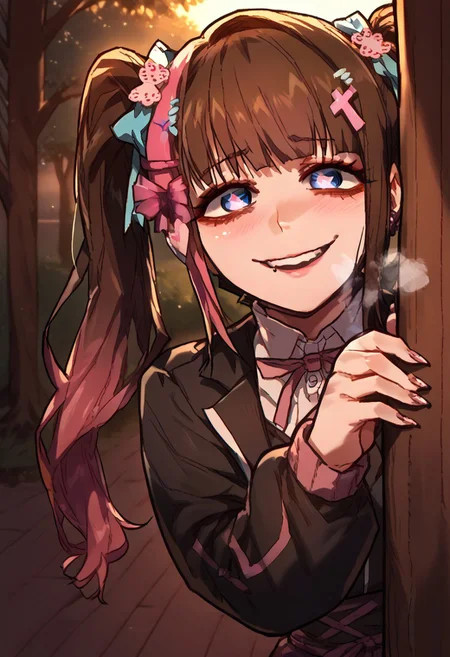 zPDXL3, score_9_up, score_8_up, score_7_up, (Anime_source), 1girl, QTHU, blue eyes, heart-shaped eyes, brown hair, long hair, mole under eye, twintails, lips piercing, QTHU clothes, evil smile, heavy breathing, blush, looking at viewer, (peeking out, upper body, hiding behind tree)