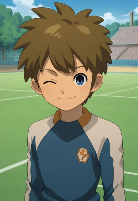 score_9, score_8_up, score_7_up, source_anime, highly detailed, slender, skinny, cute,
darren, 1boy, male focus, solo, brown hair, blue eyes, looking at viewer, sportswear, raimon, smile, wink,
outdoor, soccer field,