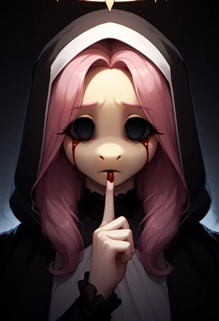 core_9, score_8_up, score_7_up, score_6_up, zPDXL3, (fluffy:1.2), (good_hands:1.1), (Fluttershy:1.3), (anthro:1.3), (pony:1.3), (wings:1.2), (black halo:1.2), GlowingHalo, (empty eyes:1.8), (bloody tears:1.4), close-up of face, (disheveled hair:1.2), Shuffling, (finger to mouth:1.2), (index finger raised:1.2), character in dark monk's robes with intricate lace details, (hood partially covering head, elaborate folds, deep shadows, intricate textures:1.7), dark atmosphere, gothic, mysterious, cinematic lighting, (intricate details:1.3), (ultra-detailed face:1.3), (smooth skin texture:1.2), (volumetric lighting:1.2), (subsurface scattering:1.2), (Unreal Engine 5:1.2), (sharp focus:1.3), (dynamic lighting:1.2), (micro-shadows:1.2)
