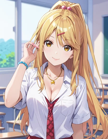score_9, score_8_up, score_7_up, source_anime, BREAK
1girl, solo, blurry background, looking at viewer, cowboy shot, simple background, classroom, headtilt, happy,
himari ishikura (kurakon), blonde hair, long hair, hair bobbles, ponytail, side swept bangs, hair between eyes, yellow eyes, red hairclip, sidelocks,
school uniform, collarbone, star necklace, cleavage, white collared shirt, plaid necktie, loose necktie, breast pocket, short sleeves, bracelet, pink nail polish,
<lora:himari_ishikura-kurakon_s1-anime-soralz:1>