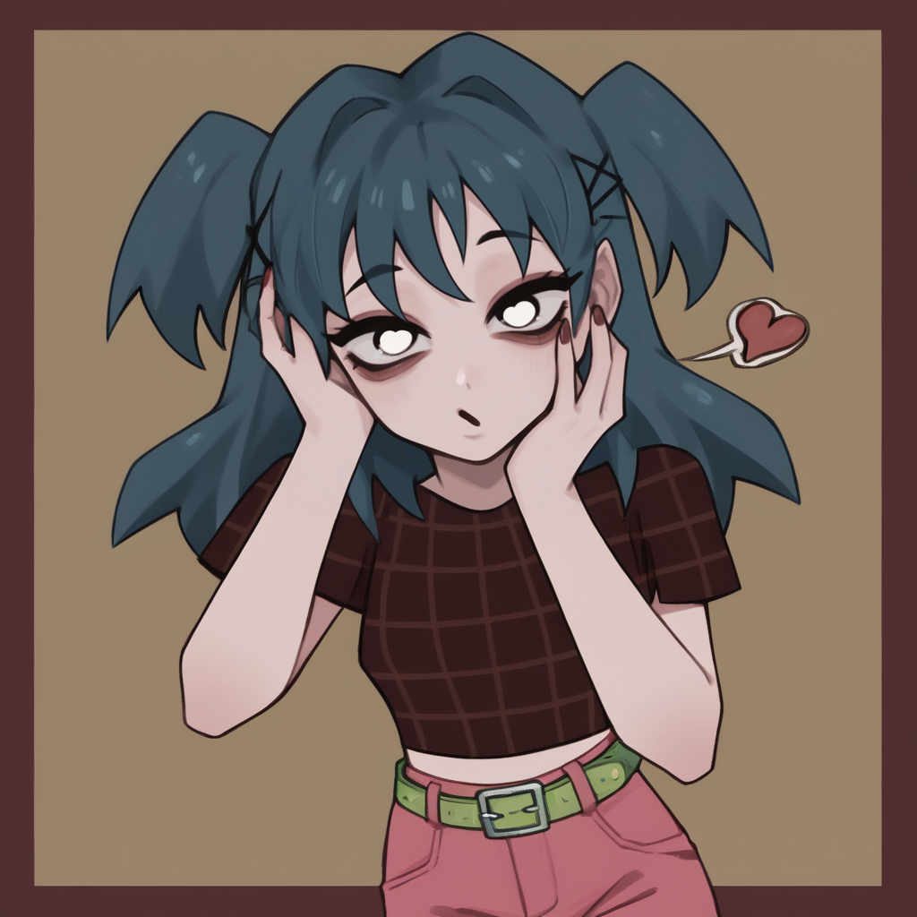 solo, Laceys_game, 1girl, two side up, pink pants, green belt, burgundy checkered crop top, score_5_up, score_4_up, score_6_up, on side, blowing kiss, hand on own face,  <lora:Laceys_game:1.0>