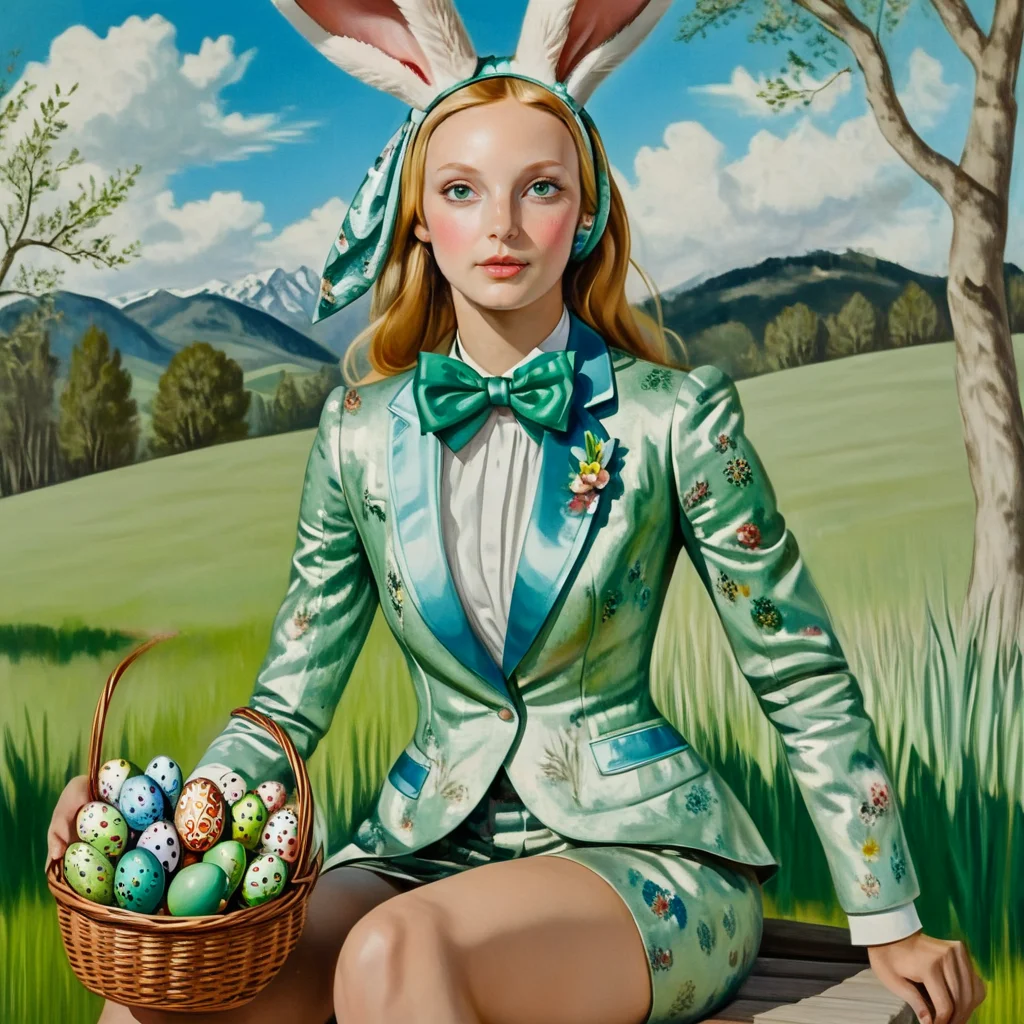 <lora:Aquamarine_PinupSDXL:1> 1girl, animal ears, solo, rabbit ears, easter egg, egg, outdoors, easter, sitting, bow, The image is a painting of a young woman sitting on a bench with a basket of colorful Easter eggs in front of her. She is wearing a green floral suit with a white shirt and a blue bow tie. She has long blonde hair styled in loose curls and is wearing bunny ears on her head. The background of the painting is a landscape with green fields trees and mountains in the distance. The sky is blue with white clouds. The woman is looking directly at the camera with a serious expression on her face.