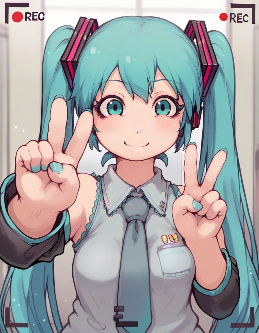 score_9,score_8_up,score_7_up, <lora:Ibukichi_Artist:1> , hatsune_miku, solo, 1girl, smile, adorable face , cute, long eyelashes, elbow out of frame, one hand out of frame, necktie, selfie, closeup, recording, pov, v sign, upper_body