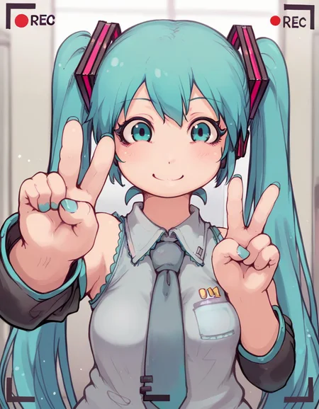 score_9,score_8_up,score_7_up, <lora:Ibukichi_Artist:1> , hatsune_miku, solo, 1girl, smile, adorable face , cute, long eyelashes, elbow out of frame, one hand out of frame, necktie, selfie, closeup, recording, pov, v sign, upper_body