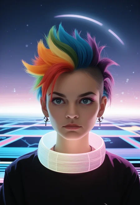 ,1girl, extremely detail beauty, wild hair , two tone hair, rainbow hair, vaporwave, (pastel), synthwave, city punk, constellation, crescent_moon, crown, dust, embers, rim lighting, side lighting, upper body, pov ,realistic BREAK PonyXLV6_Scores