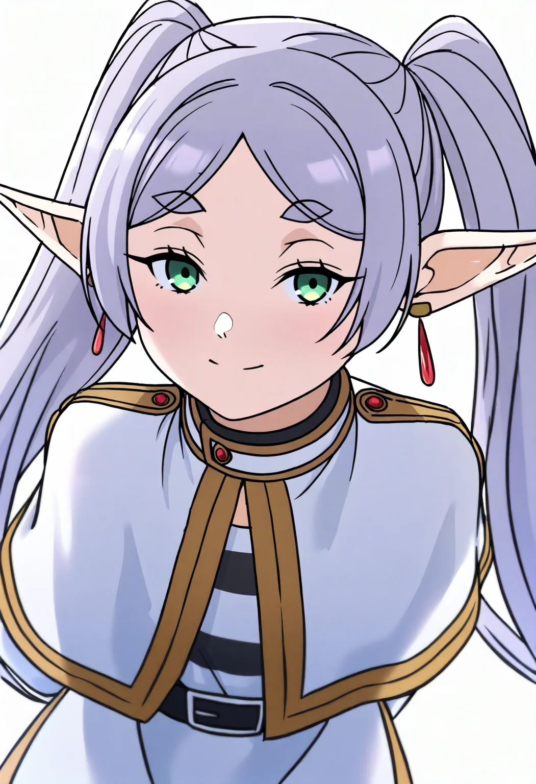 masterpiece, best quality, very aesthetic, absurdres BREAK
1girl, frieren, green eyes, grey hair, twintails, pointy ears, eyebrows,
white capelet,long sleeves, earrings, striped shirt,
arms behind back,
smile, upper body, looking at viewer, solo, simple background, white background    <lora:FrierenIllustriousXL_byKonan:1>