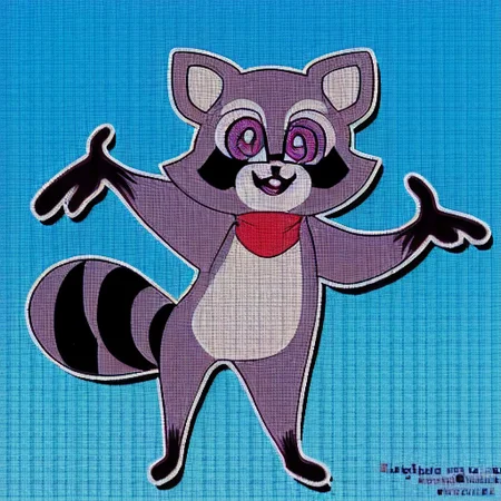 (Rambley the Raccoon), furry Male, raccoon body, full body, solo, (indigo fur:1.1), (best quality), dramatic lighting, (detailed fluffy fur:1.1), cheerful expression, big eyes, Indigo eyes, red bandanna, black striped tail, black mask-like markings around eyes, upright ears, standing, paw raised, friendly demeanor, cartoon style, (Indigo Park), abandoned amusement park background, slightly eerie atmosphere, colorful, playful pose, high resolution, (best quality), (detailed background), (dynamic pose).