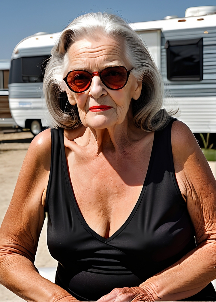 Photo of Ethel Nightrate sitting on the doorstep of a trailer home, in a trailerpark, bbq, flamingo lawn ornament, (detailed, ultra-detailed body:1.1), best quality, photo-realistic, highly detailed, absurdres, cinematic lighting, hyper-realistic, sharp focus, 32k resolution, detailxl, SimplePositiveXLv2