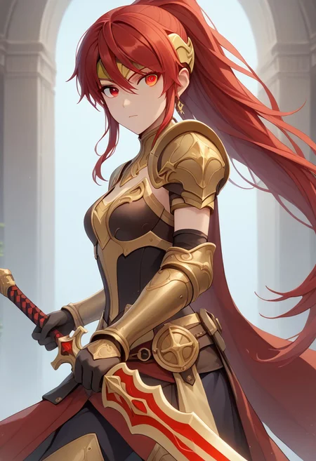 score_9, score_8_up, score_7_up, source_anime, , HD, masterpiece, best quality, hyper detailed, ultra detailed, 1girl, PyrrhaNikosXL, green eyes, red hair, long hair, ponytail, hair between eyes, forehead protector, medium breasts, gold gorget, gold armlet, black elbow gloves,
Knight, plate armor, wielding a sword and shield, dramatic pose,
(red eye trail:2.0), yellow eye trail,