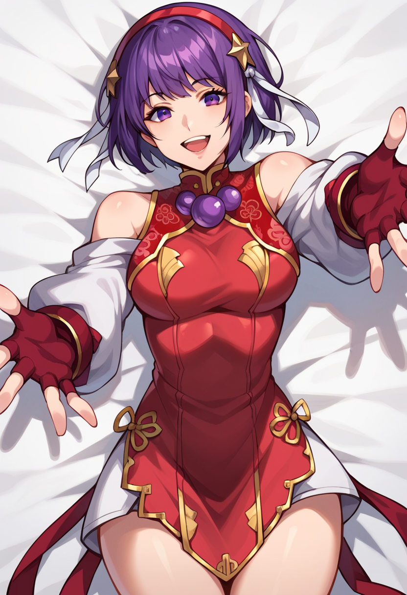 score_9, score_8_up, score_7_up,  source_anime,  BREAK,   <lora:AthenaKOFXV:0.9>,  AthnaKOFXV, purple hair, purple eyes, short hair, red hairband, pearl (gemstone), off-shoulder, white sleeves, fingerless gloves, short china dress, breasts, thighs, seductive smile, open mouth, reaching towards viewer, from above, 1girl, solo, lying,