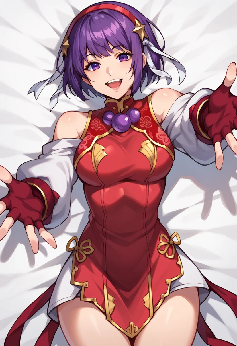 score_9, score_8_up, score_7_up, source_anime, BREAK, <lora:AthenaKOFXV:0.9>, AthnaKOFXV, purple hair, purple eyes, short hair, red hairband, pearl (gemstone), off-shoulder, white sleeves, fingerless gloves, short china dress, breasts, thighs, seductive smile, open mouth, reaching towards viewer, from above, 1girl, solo, lying,