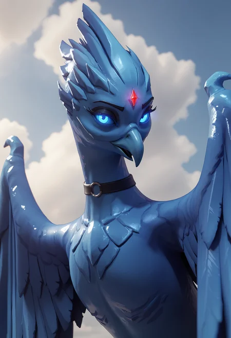 score_9, score_8_up, score_7_up, score_6_up, score_5_up, score_4_up, 1girl, <lora:Anivia:0.85> solo, no humans, bird, colored skin, blue skin, wings, feral, forehead gem, blue eyes, colored sclera, blue sclera, glowing eyes, upper body, standing, choker, long eyelashes, black eyeshadow, eyes half closed,
sky, clouds, 3d, render,