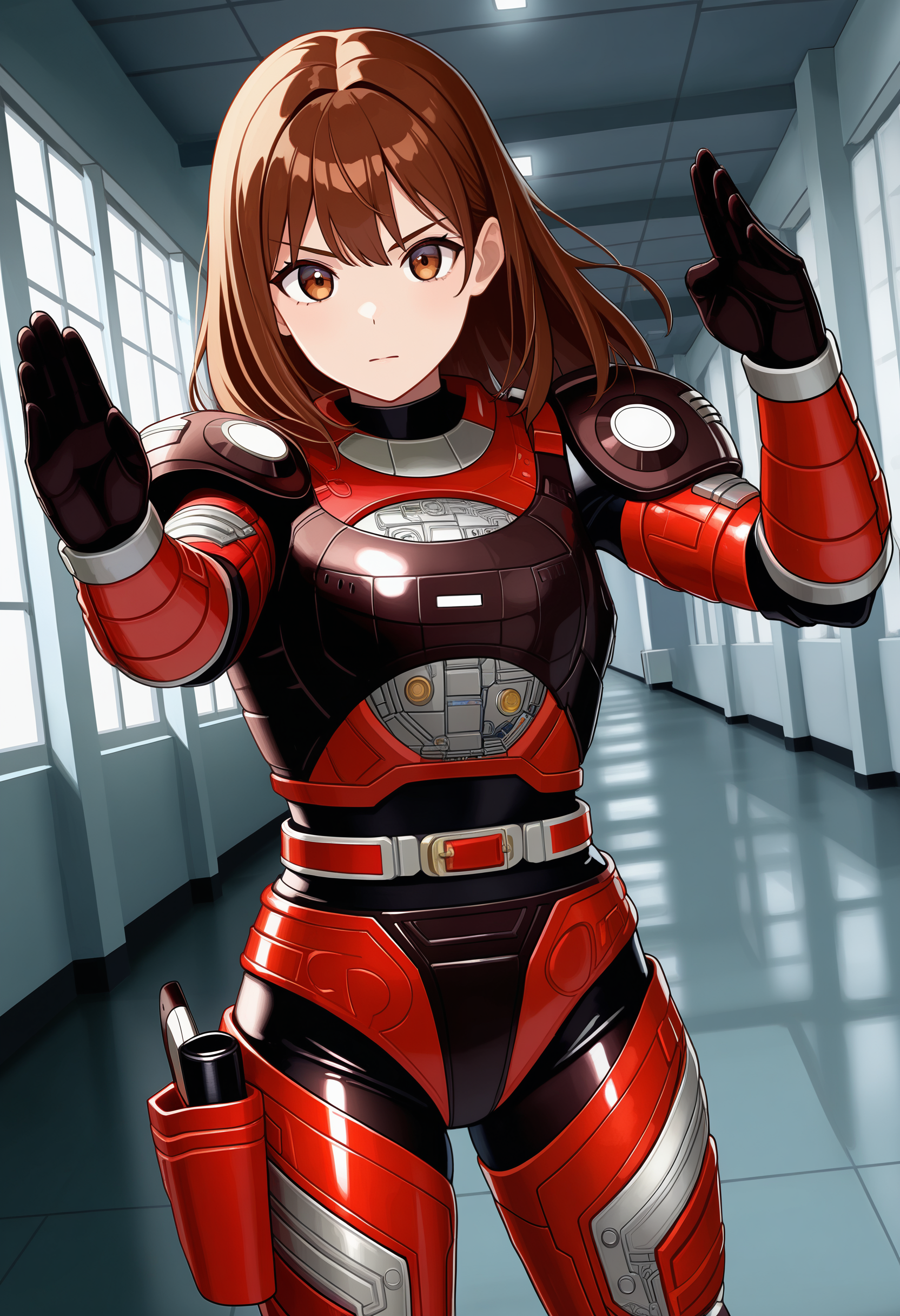 1girl, solo, R3ddle, armor, bodysuit, shoulder pad, gloves, belt, holster, brown hair, brown eyes, cowboy shot, dutch angle, looking at viewer, shiny clothes, fighting stance,
indoors, hallway, metal wall,
best quality, very aesthetic, masterpiece,