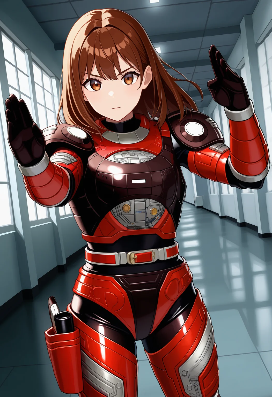 1girl, solo, R3ddle, armor, bodysuit, shoulder pad, gloves, belt, holster, brown hair, brown eyes, cowboy shot, dutch angle, looking at viewer, shiny clothes, fighting stance,
indoors, hallway, metal wall,
best quality, very aesthetic, masterpiece,