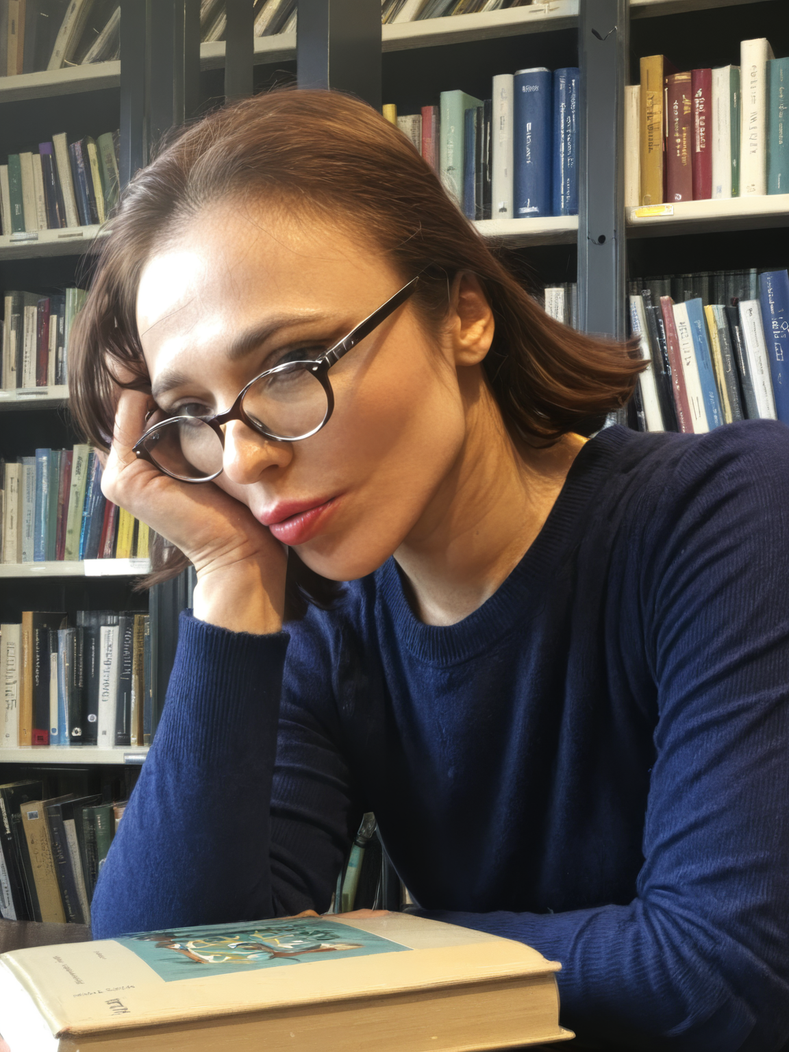 nina_kraviz, books, library, glasses, thoughtful look