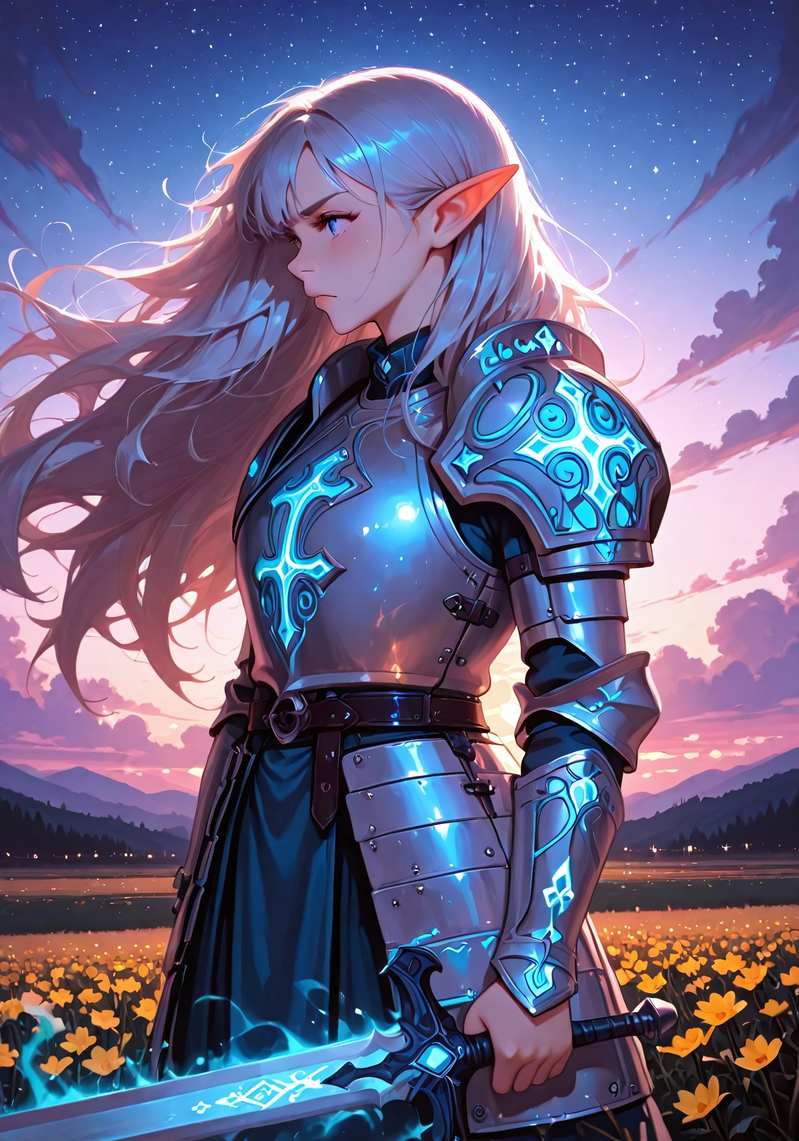 (masterpiece), best quality, high quality, newest, highres, absurdres, 1girl, elf, silver hair, flowing hair, windy, (sunset:1.2), (wildflowers:1.1), hilltop, (elfic armor:1.3), leaf armor, silver armor, glowing blue runes, intense eyes, determined, looking at horizon, long sword, (magical aura:1.2), sword on ground, (mystical lights:1.1), colorful sky, orange, pink, purple, soft clouds, distant mountains, (blue mist:1.1), floating lights, (fey-like lights:1.1), standing in profile, (artist:moriimee:1.2), HDEYES