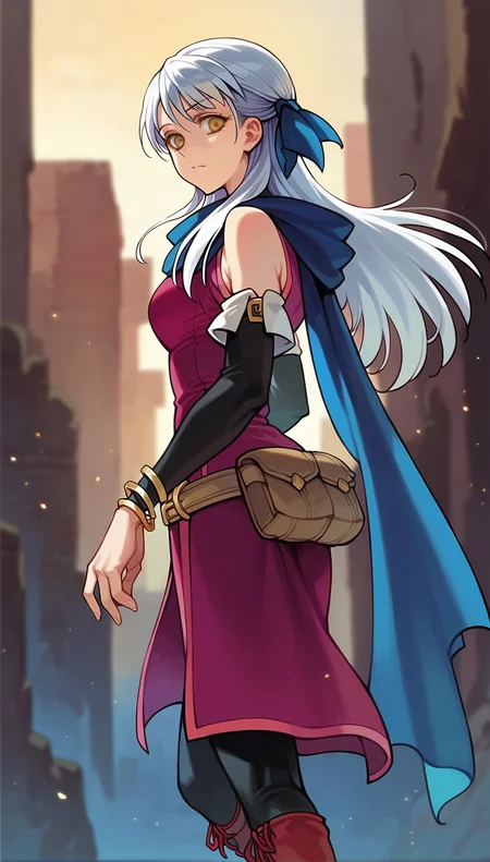 score_9,score_8_up,score_7_up,
highres,highly detailed,
<lora:micaiah:0.9>,
micaiahfe,
1girl,solo,
white hair,long hair,bangs,
yellow eyes,looking at viewer,blue hair bow,blue scarf,purple sleeveless tunic,black detached sleeves,gold bracelet,red ribbon,brown leather belt,belt pouch,
black pantyhose,brown knee boots,
full body,back view,walking,
blurry background,outdoors,night,(bloom:1.1),(light particles:1.1),starry sky,rubble_ruins,